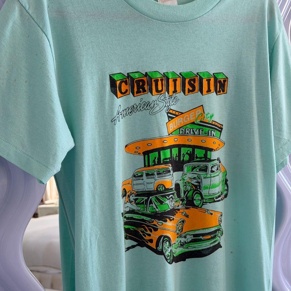 Vintage Americana 1950s Retro Drive In Aqua Blue Graphic Tee Sportswear L
